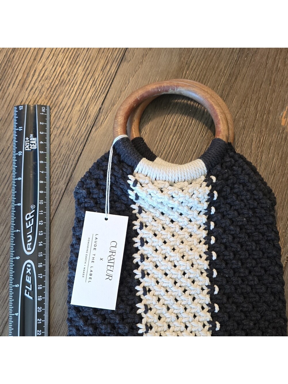 Laude The Label Crochet Knit Top Handle Bag Black/Beige Colorblock Wood Handles